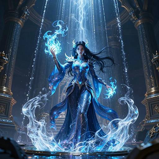 Digital artwork of a mystical woman in a flowing, blue, fire-resistant gown, conjuring blue flames in a grand, illuminated, ancient temple.