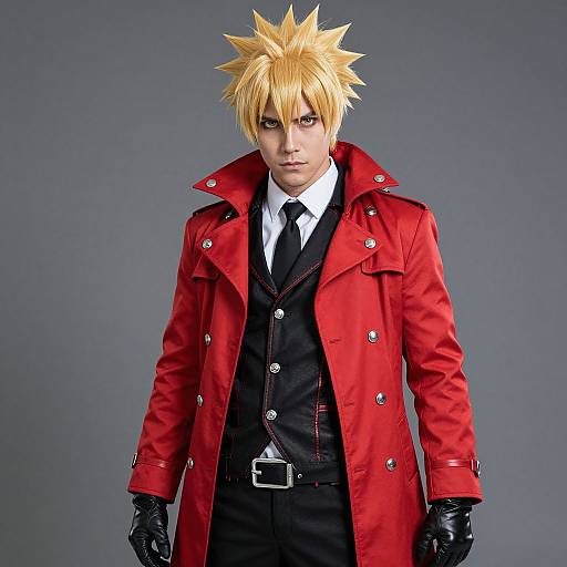 Photograph of a cosplay character with spiky blonde hair, red coat, black suit, white shirt, black tie, and gloves, standing against a