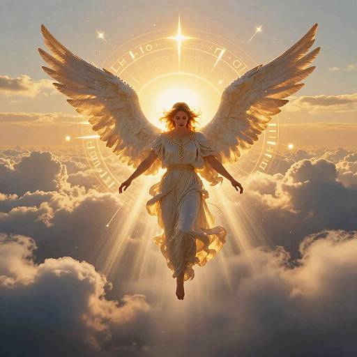Angel with radiant wings, glowing sunset halo, and flowing white dress, soaring through fluffy clouds in a golden sky. Digital art.
