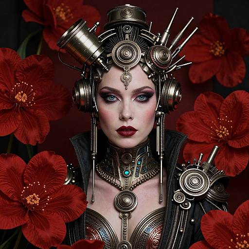 Digital art of a pale-skinned, blue-eyed woman with red lips, wearing intricate steampunk headgear and jewelry, surrounded by red flowers.