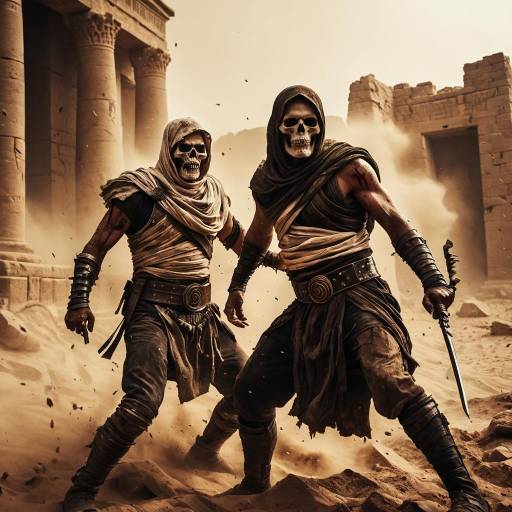 Male Mummies Fighting in Ancient Sandstorm Ruins