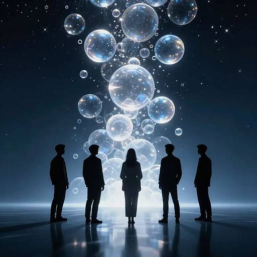 Silhouetted figures stand in front of glowing, floating bubbles in a starry, dark blue background, creating a surreal, ethereal atmosphere.