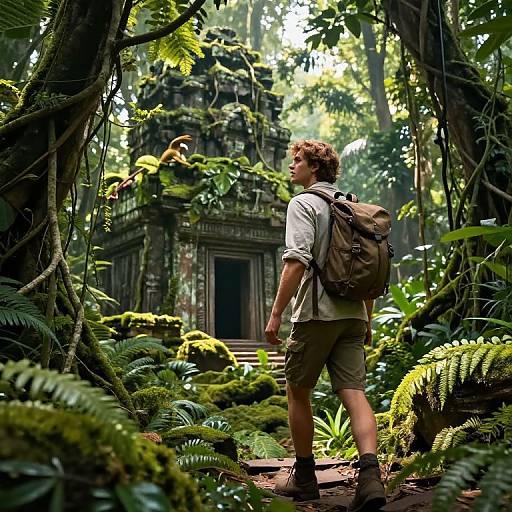 Photograph of a young man with curly hair, wearing a white shirt, khaki shorts, and a backpack, standing in a lush, overgrown