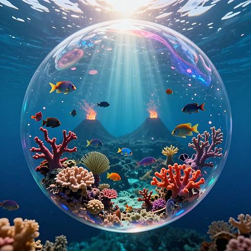 Photorealistic underwater photograph of a clear bubble sphere filled with colorful coral, fish, and sea creatures, illuminated by sunlight.