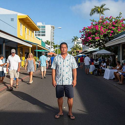 Photograph of a middle-aged Asian man in a white floral shirt and black shorts standing on a sunny, bustling street with colorful buildings, pink bougain
