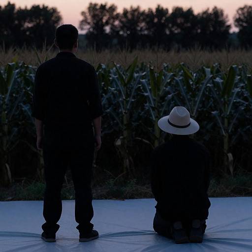 Silhouetted Figures in a Dusk Cornfield