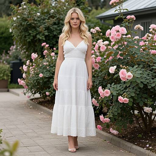 Blonde woman in white V-neck dress standing on garden path with pink roses, greenery, and a house in the background. Photographic image.