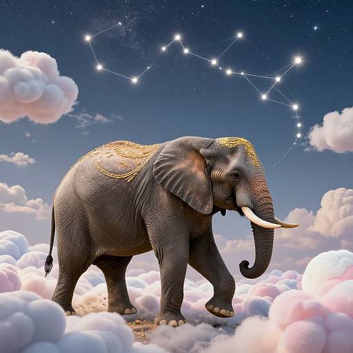 Photorealistic digital art of a majestic elephant with golden-patterned back, standing on fluffy pink clouds under a starry night sky.