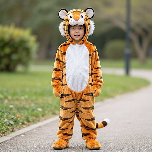 Photograph of a young child in a cute, fuzzy orange tiger onesie with black stripes, white belly, and tiger ears, standing on a park