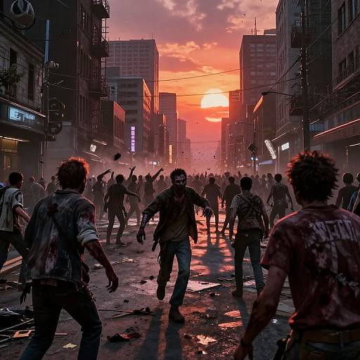 Digital artwork: Zombie apocalypse in a city street at sunset. Silhouetted, blood-stained zombies shamble through a crowded, debris-filled street