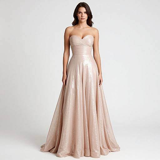 Photograph of a brunette woman in a strapless, pale pink, satin ball gown with a fitted bodice and flowing skirt, standing against a plain