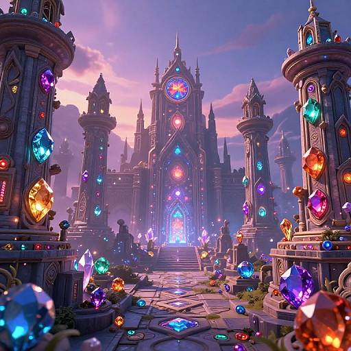 Digital fantasy artwork of a glowing, crystal-filled Gothic cathedral at sunset, surrounded by colorful gemstone towers and radiant blue stairs.