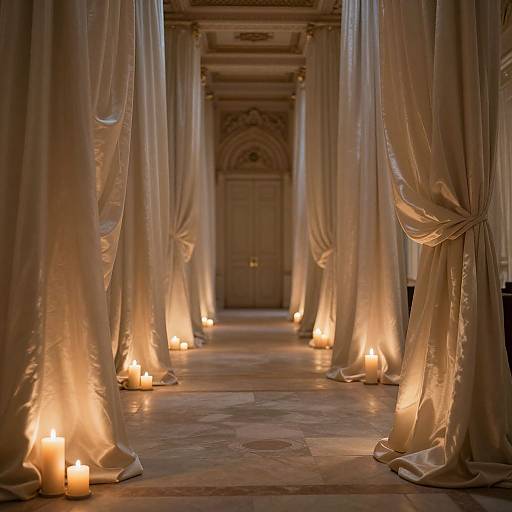 Photograph of an elegant hallway with golden satin curtains, softly lit by candles, leading to a wooden door at the end.