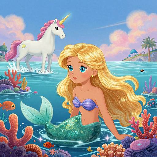 Digital illustration of a blonde mermaid with blue seashell bra, green scaly tail, wide-eyed expression, and unicorn in a vibrant, coral