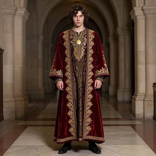 Photograph of a young man with curly brown hair, wearing an ornate, long, deep red velvet robe with gold embroidery, standing in an ancient