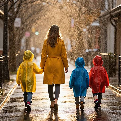 Photograph of a woman in a yellow raincoat holding hands with three children in colorful raincoats, walking down a wet, sunlit street during