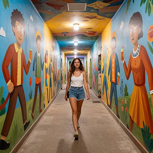 Photograph of a smiling woman in white tank top and denim shorts walking through a brightly colored, mural-painted tunnel with cartoon figures holding drinks.