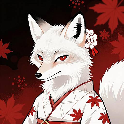 Anthropomorphic White Fox in Kimono Illustration