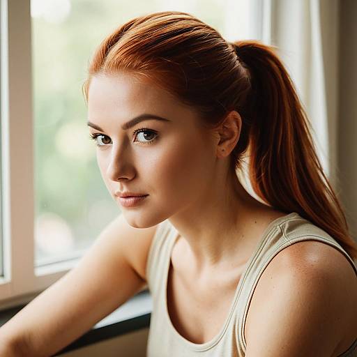 Photograph of a fair-skinned, red-haired woman with a ponytail, wearing a white tank top, sitting by a sunlit window, g