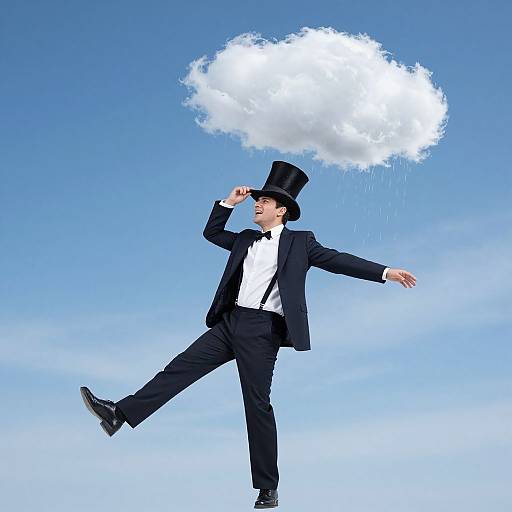 Photograph of a man in a black tuxedo and top hat, with a white cloud floating above his head against a bright blue sky.