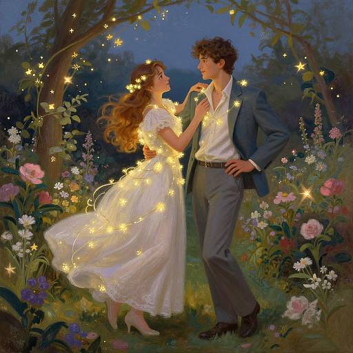 Digital painting of a romantic evening scene: glowing fairy lights adorn a curly-haired man in a suit and a woman in a white dress, standing in a