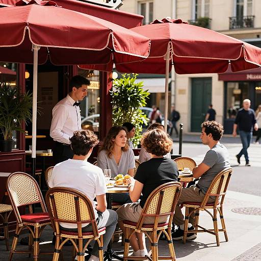 Photograph of five young adults, three men and two women, sitting at a Parisian outdoor café under red umbrellas, chatting and eating, with