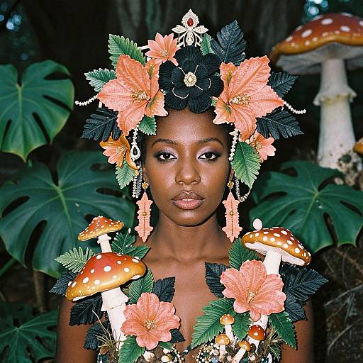 Photograph of a dark-skinned woman with a floral and mushroom crown, surrounded by large green leaves and mushrooms, in a dark forest setting.