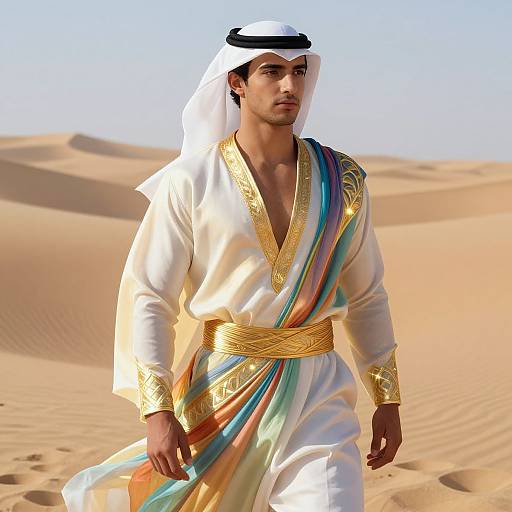 Photograph of a handsome Middle Eastern man in a white, gold-embellished traditional desert outfit with colorful sash, white keffiyeh