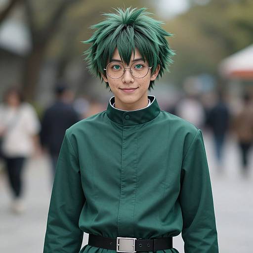Photograph of a young man with green spiky hair, round glasses, green shirt, black belt, standing in a blurred urban street.