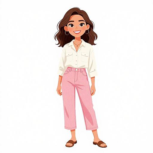Digital illustration of a smiling woman with wavy brown hair, wearing a white blouse, pink pinstripe pants, and brown sandals, standing against a