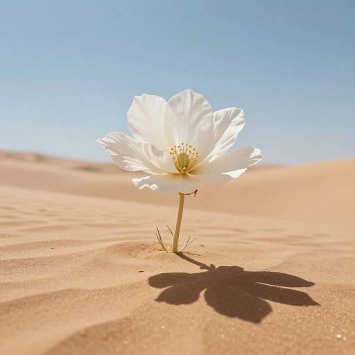 Photograph of a single white desert flower with delicate petals, standing tall in golden sand dunes under a clear blue sky.