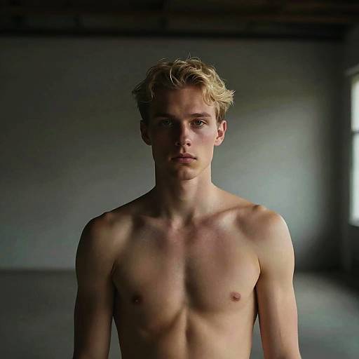 Photograph of a shirtless, young, blonde-haired man with fair skin and slim build, standing in a dimly lit room, looking directly at