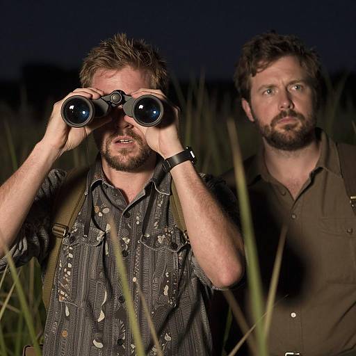Nighttime Adventures: Two Men with Binoculars