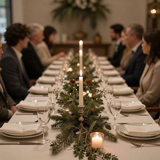 Photograph of a formal dinner table adorned with candles, greenery, and glassware, with eight elegantly dressed guests seated across from each other.