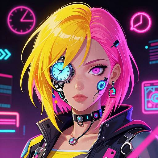 Digital anime-style portrait of a cyberpunk girl with neon pink and yellow hair, cybernetic eye, glowing blue eye, and neon-lit background