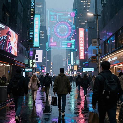 Photograph of a neon-lit, rainy city street at dusk, with blurred pedestrians, colorful digital billboards, and reflective wet pavement.