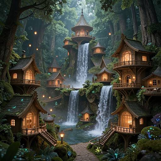 Fairy-tale forest scene: whimsical wooden houses with glowing windows surround a multi-tiered waterfall, illuminated by lanterns, surrounded by lush green