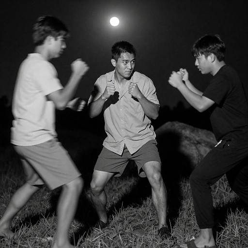Intense Nighttime Fight in Black and White