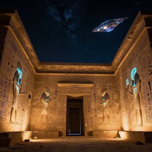 Photograph of an ancient Egyptian temple at night, illuminated by blue lights, featuring carved figures and a glowing UFO in the starry sky above.