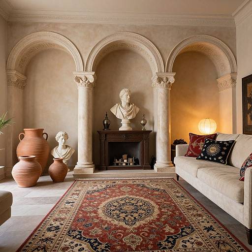 Luxurious living room with archways, ornate columns, white sofa, red patterned rug, terracotta vases, bust sculptures, and