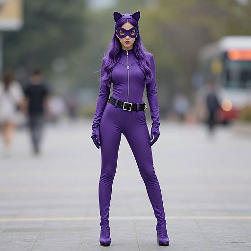 Catwoman in Purple Bodysuit Outdoors