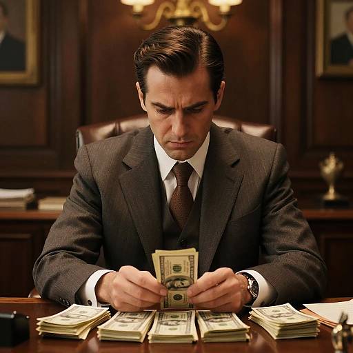 Serious Man Counting Money at Desk