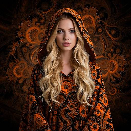 Photograph of a blonde woman with wavy hair, wearing an orange and black patterned hooded robe, against a dark, ornate, swirling
