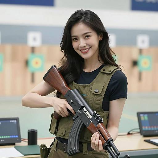 Confident Woman with AK-47 in Bright Setting