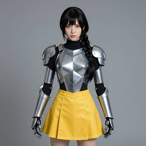 Photograph of an Asian woman with long black hair, wearing silver armor with shoulder pauldrons, black turtleneck, and yellow skirt, standing