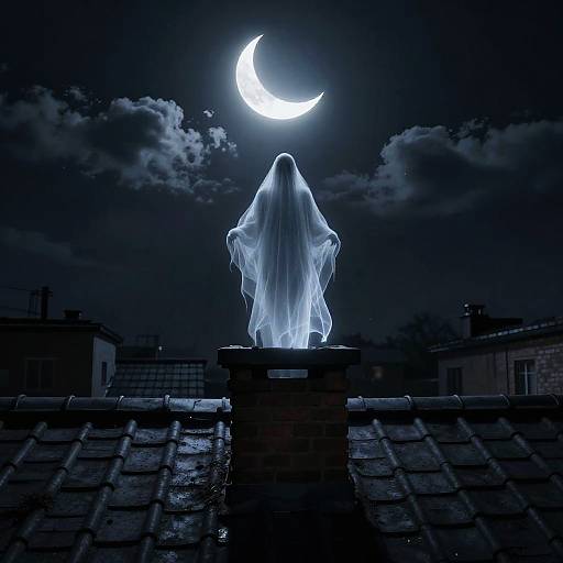 Moonlit Rooftop Ghost Emerging from Chimney