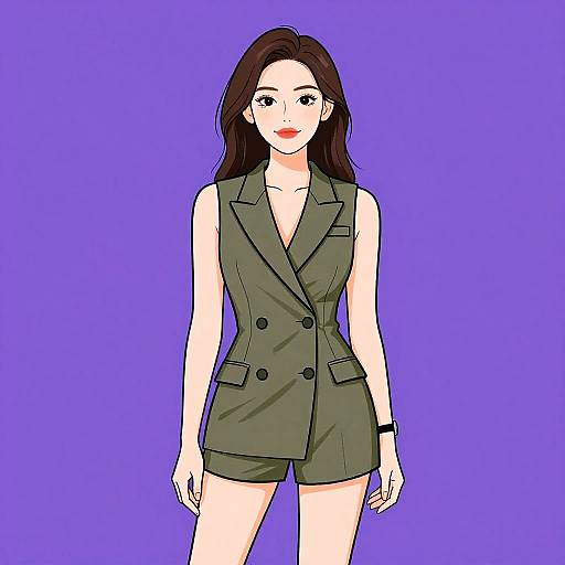Digital illustration of a fair-skinned woman with long brown hair, wearing a sleeveless olive green double-breasted jumpsuit, against a solid purple background