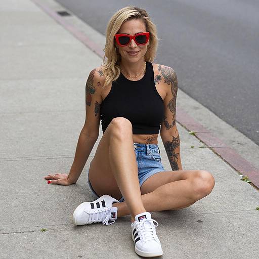 Blonde Woman with Tattoos on Sidewalk