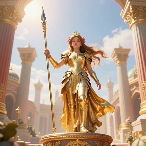 CGI image of a regal woman in golden armor and crown, holding a spear, standing on a pedestal in a sunlit, grandiose