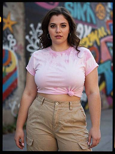 Photograph of a curvy woman with olive skin, dark wavy hair, wearing a pink tied shirt and beige cargo pants, standing in front of